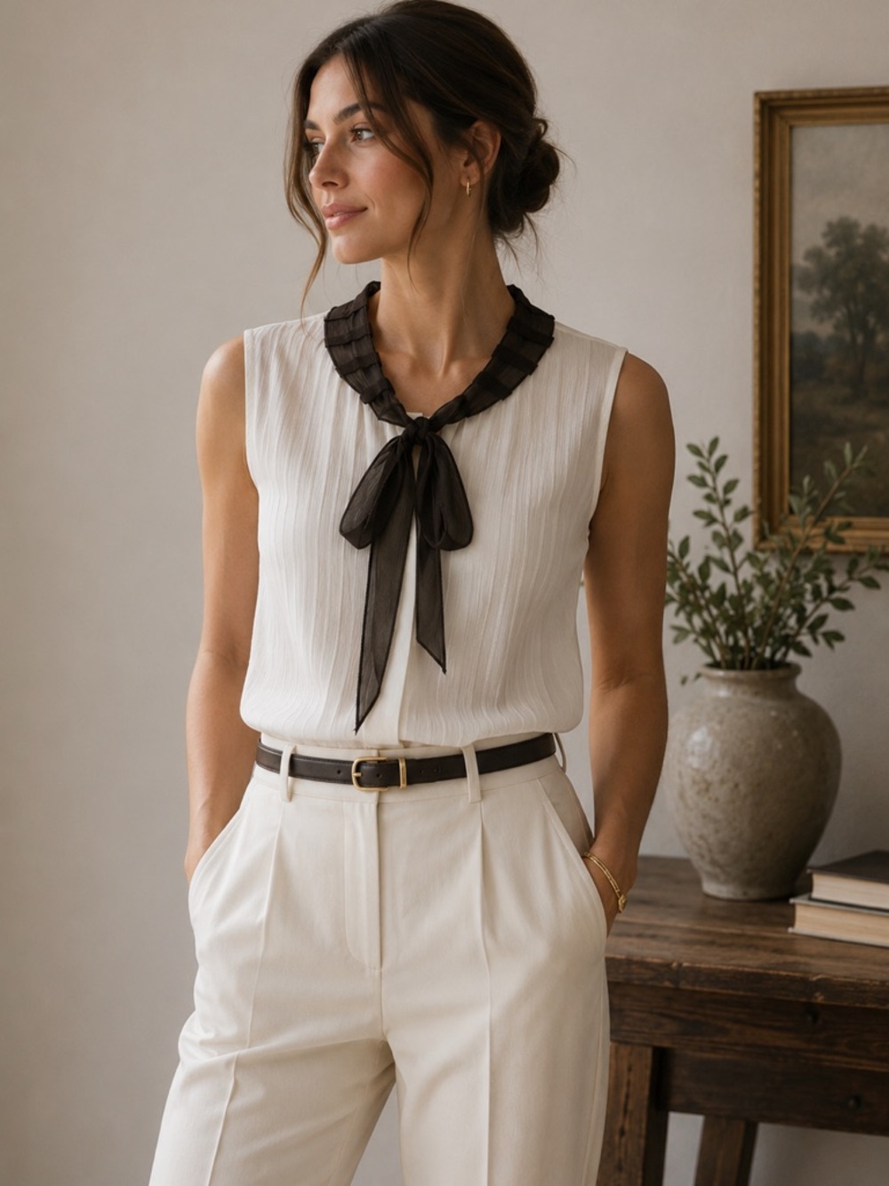 Etcetera 100% Silk White Blouse Size 4 Brown Bow Tie Neck Quiet Luxury Top